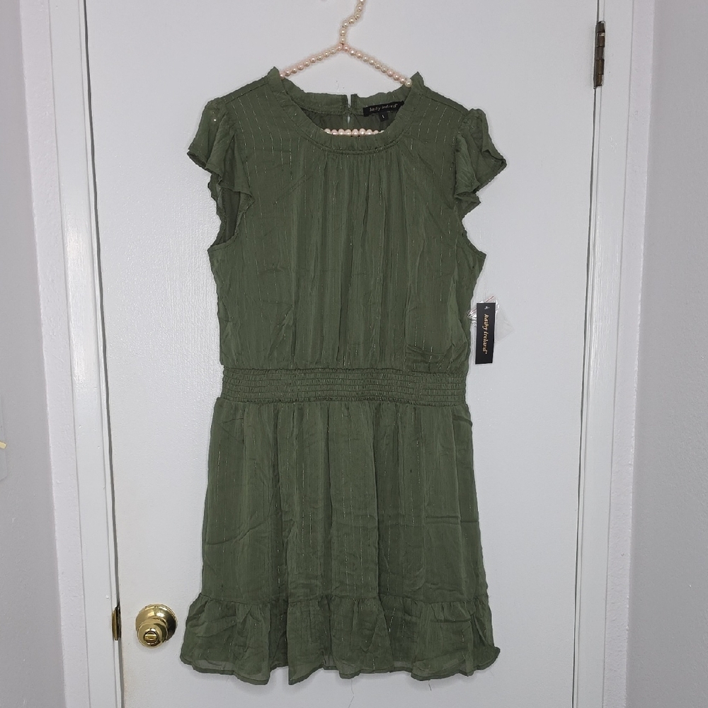 kathy ireland Olive Green Flutter Sleeve Metal Strips Dress New L